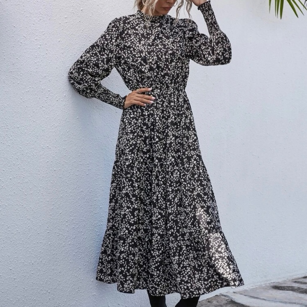 Shein Ditsy Floral Frill Neck Ruffle Hem Dress